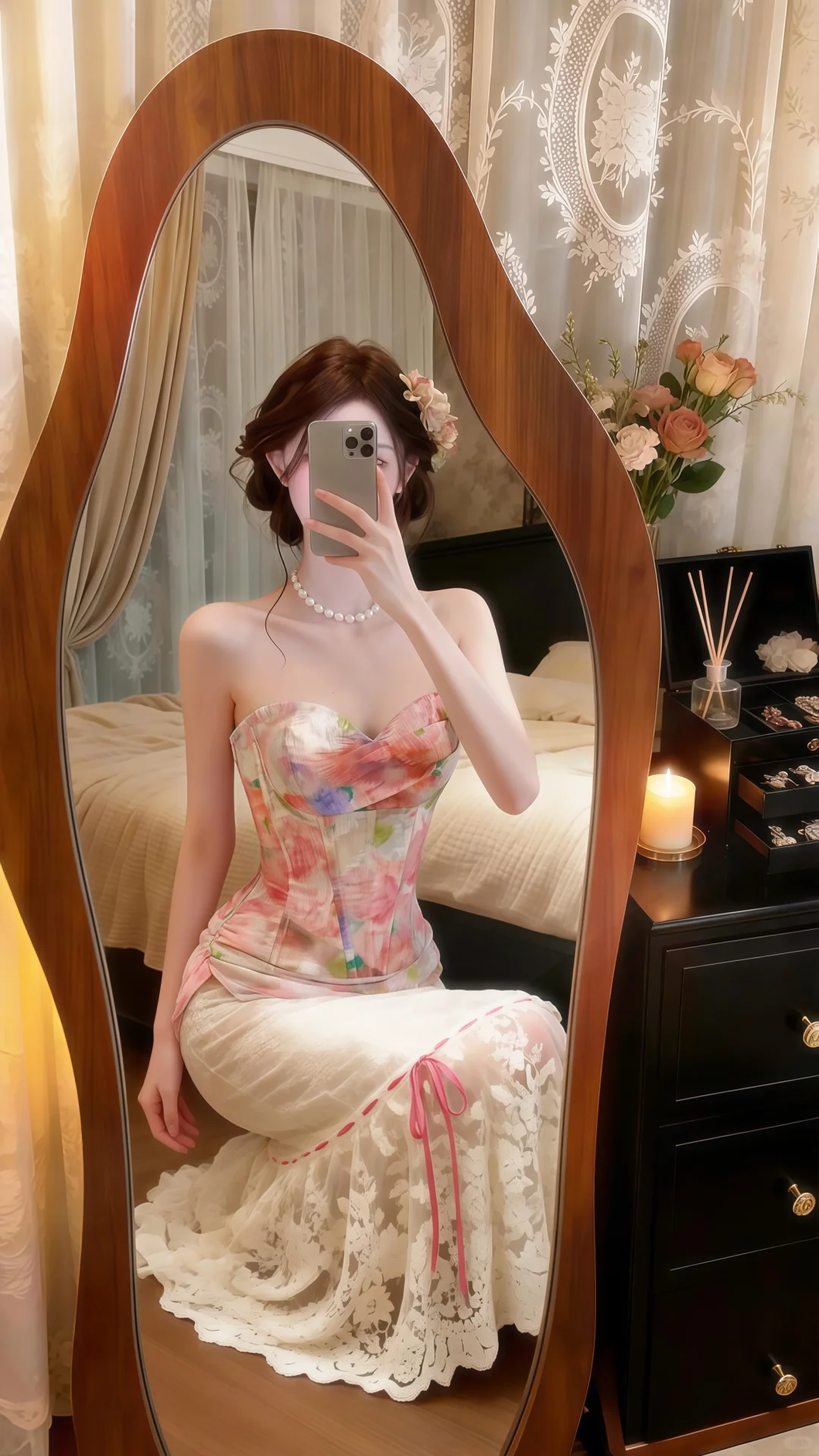 Strapless 2‑Piece Mermaid Evening Gown, Oil‑Painting Floral Corset Top Lace Midi Mermaid Skirt Prom Dress gh9143