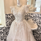 Ivory Short Sleeve Sequin Waist-Cinched Voluminous Princess Skirt Long Romantic Dress, Wedding Gown gh7780