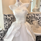 White Satin Strapless Waist-Cinched Voluminous Skirt Long Elegant Romantic Dress, Wedding Gown gh7779