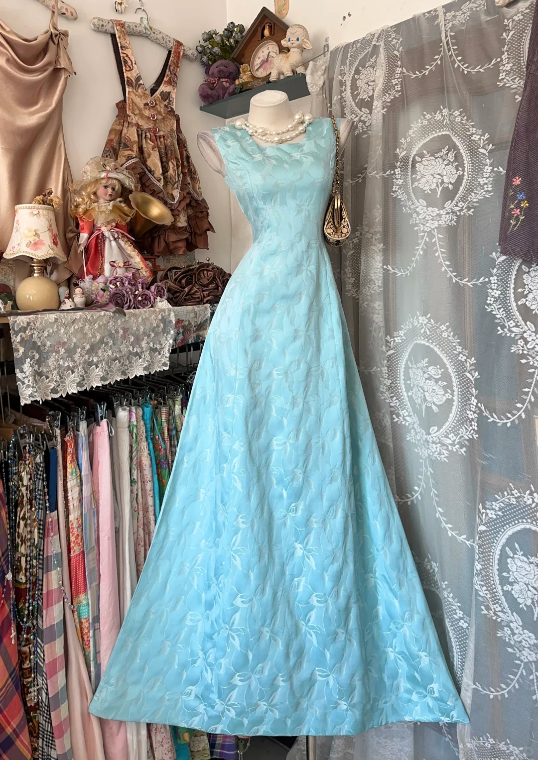✨Girlhomeshops-Light Blue Jacquard Vintage A-Line Long Gown Square Neck gh10133