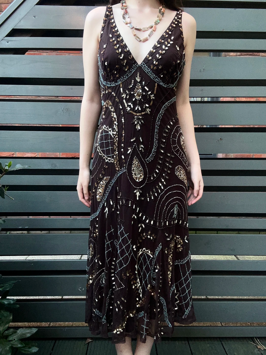 Dark Brown Sexy Vintage Luxury V-Neck Beaded Fitted Waist Prom & Evening Party Dress gh8434