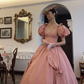 Vintage Pink Puff Sleeve Fitted Waist Princess Flared Skirt Prom & Evening Party Dress gh8498
