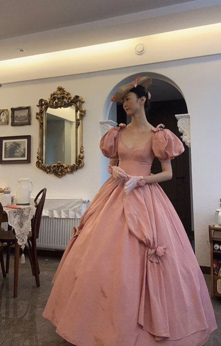 Vintage Pink Puff Sleeve Fitted Waist Princess Flared Skirt Prom & Evening Party Dress gh8498