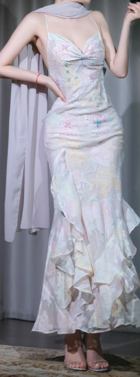 ✨Girlhomeshops-Pastel Watercolor Floral Spaghetti Strap Prom Gown Backless Starfish Rhinestone Asymmetrical Ruffle Dress gh10086