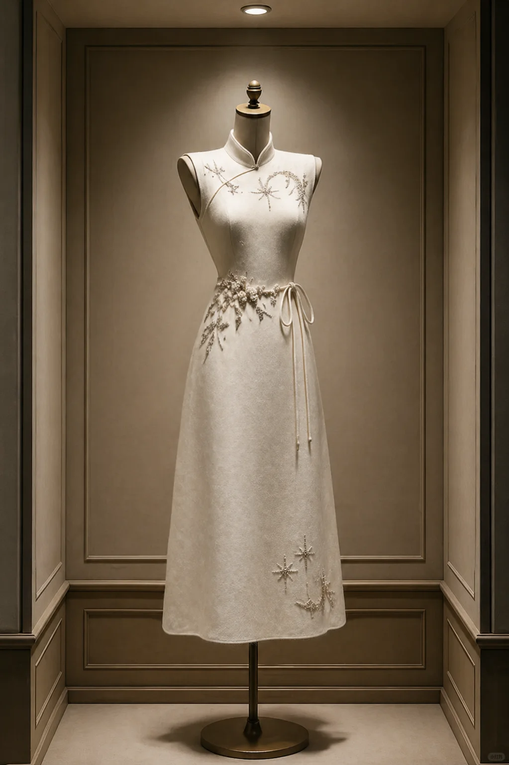 ✨Girlhomeshops-Star Beaded Tie Waist A-Line Ivory Qipao Cheongsam Midi Dress gh10480