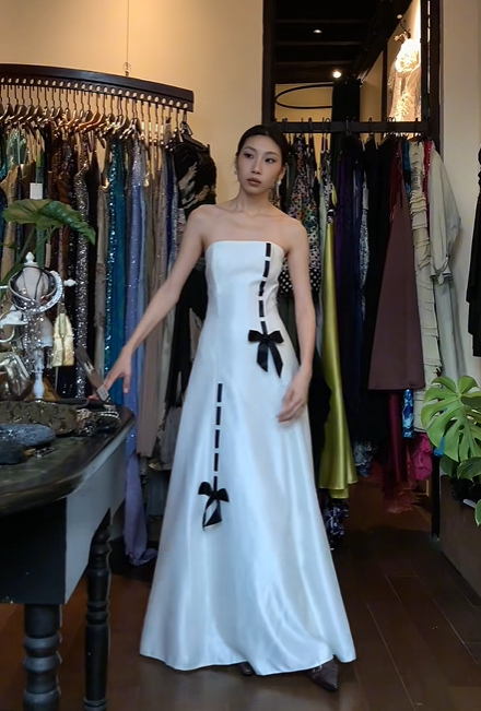 White Strapless Tube Long Formal Gown Satin Black Bow Decor A-Line Evening Dress gh9660
