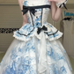 Blue‑White Castle Print Spaghetti Strap Lolita Gown, Ruffled Square Neck, Black Ribbon Bows, Corset‑Style Bodice, Tiered Ruffle Waist Yoke, Tulle Layered Maxi Skirt, Lace Trim Party Dress gh8925