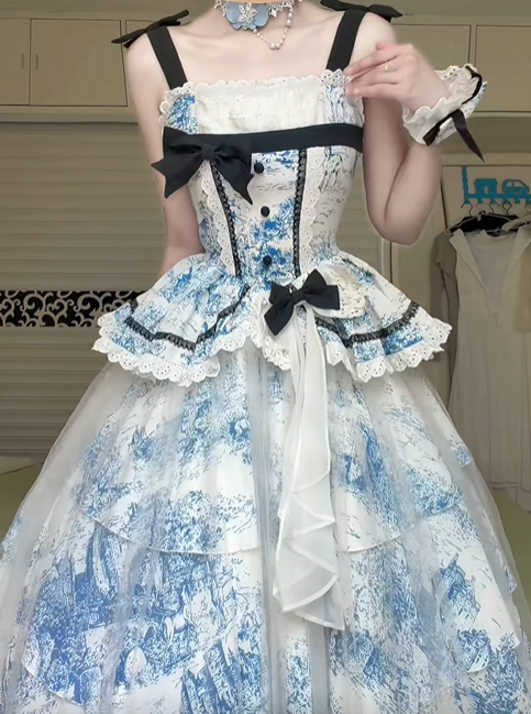 Blue‑White Castle Print Spaghetti Strap Lolita Gown, Ruffled Square Neck, Black Ribbon Bows, Corset‑Style Bodice, Tiered Ruffle Waist Yoke, Tulle Layered Maxi Skirt, Lace Trim Party Dress gh8925