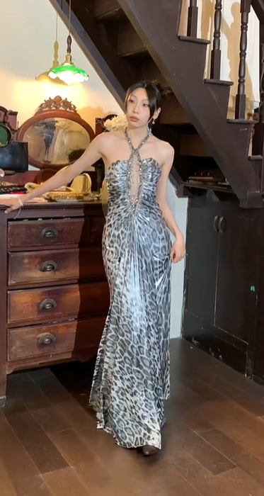 Silver Grey Leopard Beaded Halter Mermaid Long Evening Gown Cutout Prom Dress gh9846