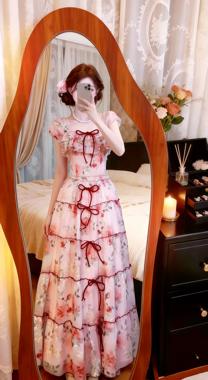 Pink Square Neck Floral Evening Gown, Ruffle Flutter Sleeve Red Bow Tiered Cake Skirt Prom Dress gh9131
