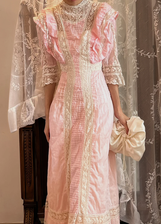 Pink Edwardian Vintage Maxi Gown, High Neck Lace Ruffle Half Sleeve Party Dress gh9340