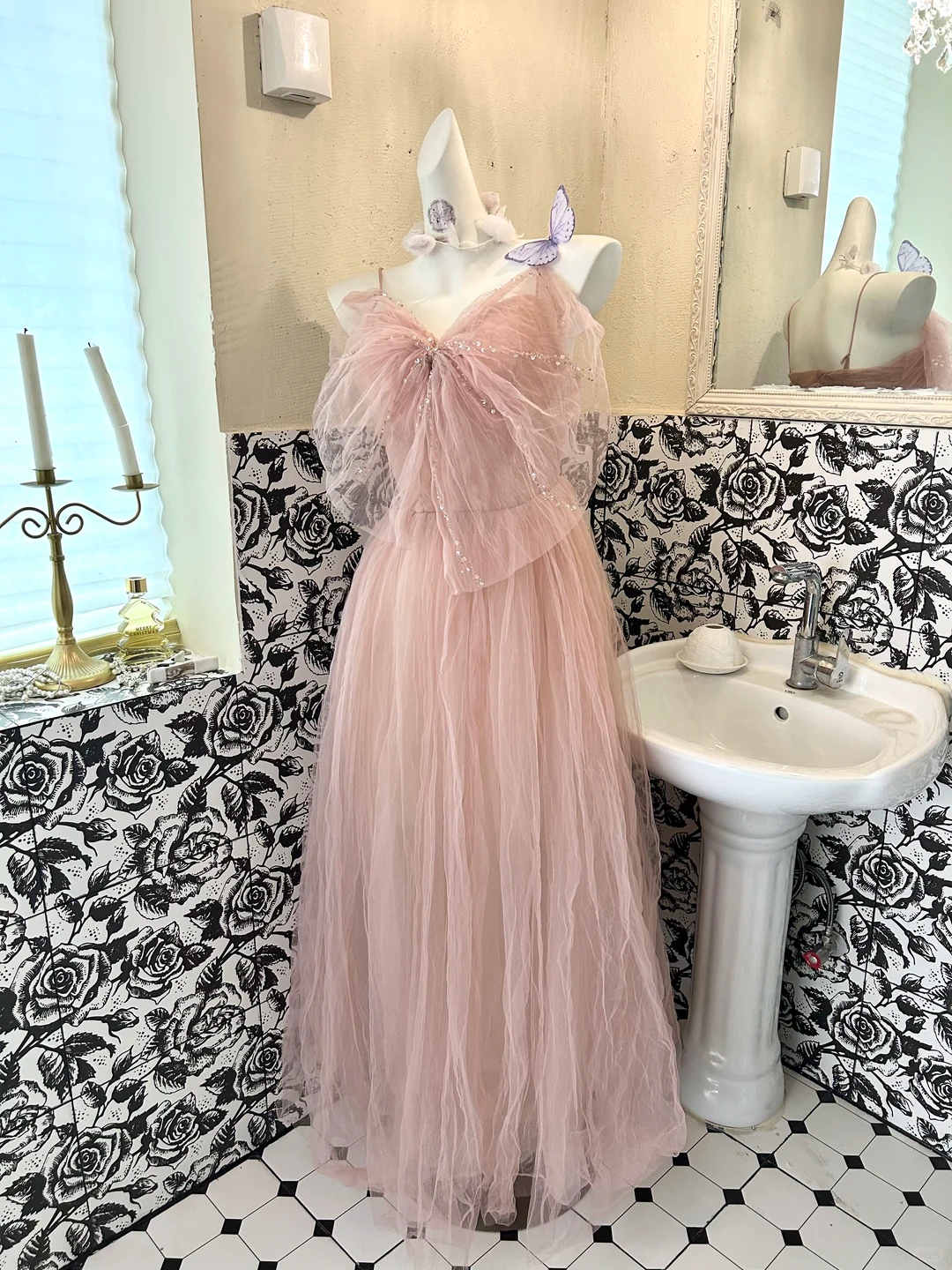 Light Pink Spaghetti Straps Bow Neckline Waist-Cinched Full Flared Skirt Romantic Dress, Wedding Gown gh7764