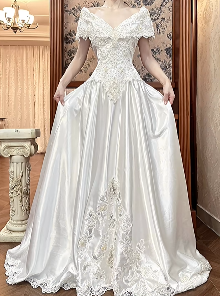 White Vintage Satin A‑Line Wedding Prom Dress, Off‑the‑Shoulder V‑Neck Cape Sleeves, Lace Beaded Bodice, Lace Appliqués Long Train gh8712