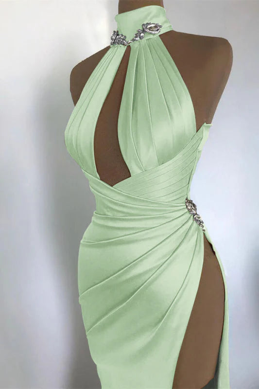 Robe de soirée élégante bordeaux à épaules dénudées et col haut avec perles exquises, longue et sexy, fendue, robe de bal, robe de soirée gh3426