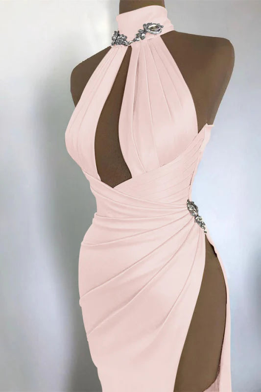 Robe de soirée élégante bordeaux à épaules dénudées et col haut avec perles exquises, longue et sexy, fendue, robe de bal, robe de soirée gh3426