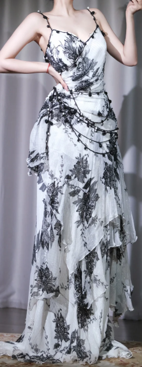 ✨Girlhomeshops-White Ink Floral Long Prom Gown Spaghetti Strap Beaded Asymmetric Ruffle Hem Cocktail Dress gh10107