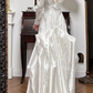 Ivory Vintage Satin Wedding Gown, V‑Neck Puff Long Sleeves, All‑Over Lace Appliqués Fitted Mermaid Silhouette, Lace Hem, Long Satin Train, Bridal Prom Dress gh8736