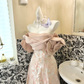 Light Pink Off-the-Shoulder Cinched Waist Figure-Flattering Printed Long Romantic Dress, Wedding Gown gh7810