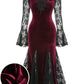 girlhomeshops-Burgunderrotes, langärmliges Gothic-Spitzenkleid aus Samt, Ballkleid, Abendkleid gh5813