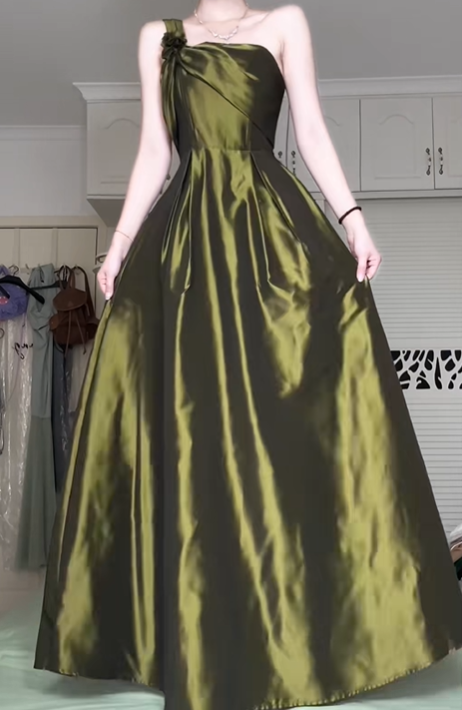 Olive Green One‑Shoulder Satin Long Evening Gown, 3D Floral Decor A‑Line Formal Prom Dress gh9039