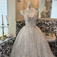 Light Gray Apricot Strapless Waist-Cinched Full Flared Long Vintage Romantic Dress, Wedding Gown gh7504