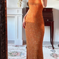 Caramel‑Orange‑Sparkly‑Vintage Halter‑V‑Neck All‑Over‑Hand‑Beaded‑Sequin Bodycon Floor‑Length Column‑Mermaid Evening Prom Gown gh8816