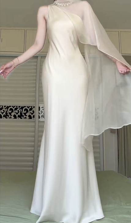 Ivory Satin One‑Shoulder Mermaid Long Evening Gown With Flowy Tulle Cape Formal Prom Dress gh8969