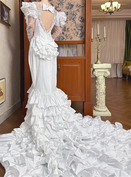White Vintage Satin Mermaid Wedding Gown, Illusion Boat Neck Lace, Long Lace Sleeves With Large Ruffle Shoulder Accents, Lace Beaded Appliqué, Multi‑Tier Ruffle Mermaid Train, Prom Dress gh8642