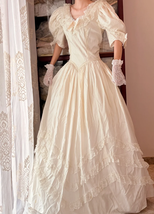 Cream White Vintage Victorian Long Gown, Puff Elbow Sleeve Lace Tiered Ballgown gh9292
