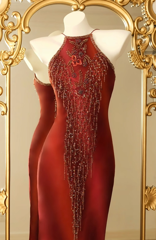 Burgundy Halter Mermaid Prom Dress Hand Beaded Fringe Bodice Long Vintage Evening Gown gh9598