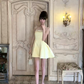 Pale Yellow Satin Homecoming Dress Spaghetti Straps Rhinestone Short Prom Dress gh9403