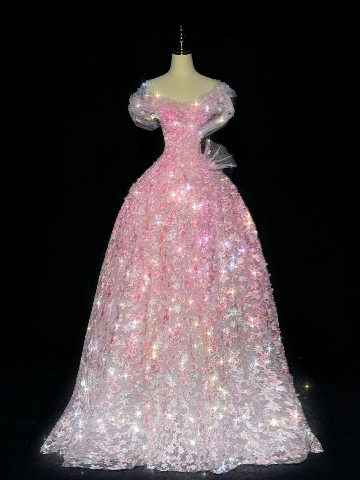 ✨Girlhomeshops-Pink 3D Flower Off Shoulder Ball Gown Prom Dress gh10190