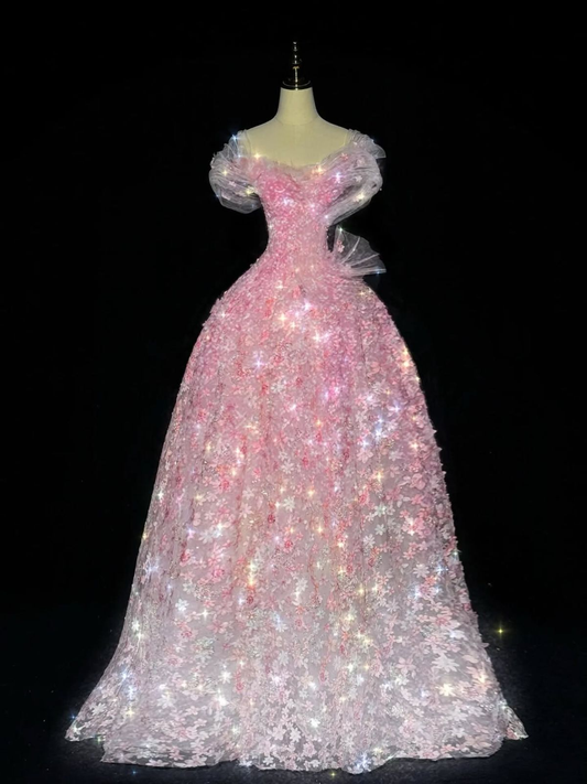 ✨Girlhomeshops-Pink 3D Flower Off Shoulder Ball Gown Prom Dress gh10190