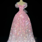 ✨Girlhomeshops-Pink 3D Flower Off Shoulder Ball Gown Prom Dress gh10190
