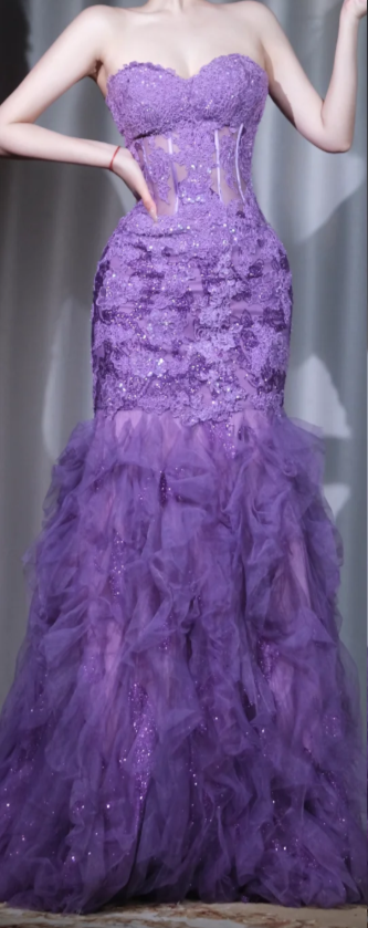 ✨Girlhomeshops-Purple Lace Mermaid Prom Dress Strapless Tiered Tulle Evening Gown gh9980