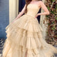 Robe de bal longue en tulle sans bretelles avec volants à plusieurs niveaux gh2676
