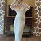 Ivory White Vintage Greek Wedding Gown, V‑Neck Lace Slip With Lace Long‑Sleeve Bolero Ruched Waist Draped Chiffon Bridal Dress gh9075