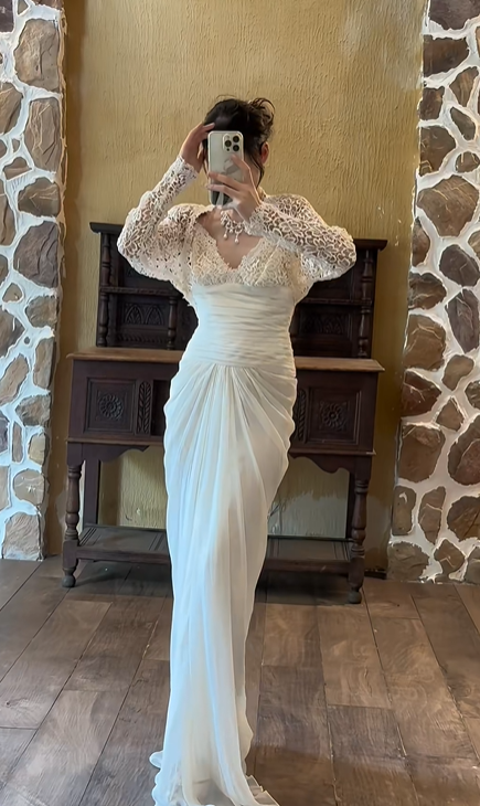 Ivory White Vintage Greek Wedding Gown, V‑Neck Lace Slip Dress With Detachable Hollow Lace Long‑Sleeve Bolero Ruched Waist Draped Chiffon Bridal Dress gh9079