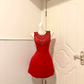 Red Sleeveless Short Cocktail Dress, Round Neck Silver Rhinestone Beaded Homecoming Gown, Fitted Waist Bubble Mini Skirt gh9167