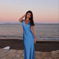 Blue simple elegant V-neck long satin ball gown evening dress gh3165