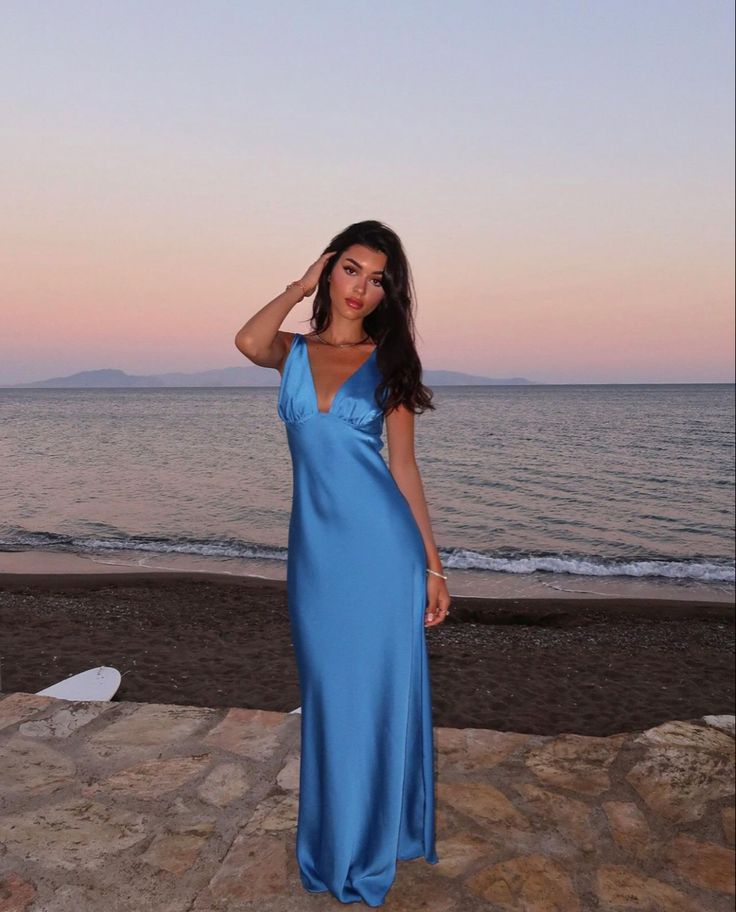 Blue simple elegant V-neck long satin ball gown evening dress gh3165