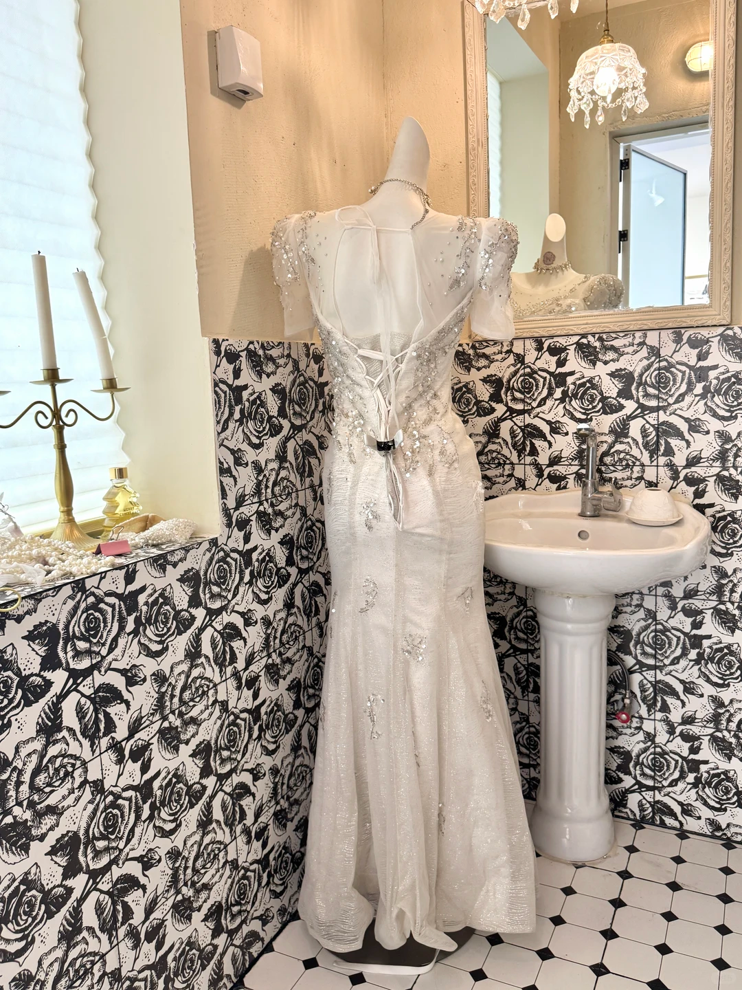 White Short Sleeve Rhinestone Waist-Cinched Figure-Flattering Sexy Bodycon Romantic Dress, Wedding Gown gh7752