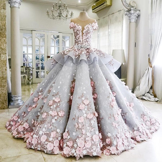 Pink Gorgeous Exquisite Floral Applique Long Tulle Ball Gown Evening Gown Wedding Dress gh3327