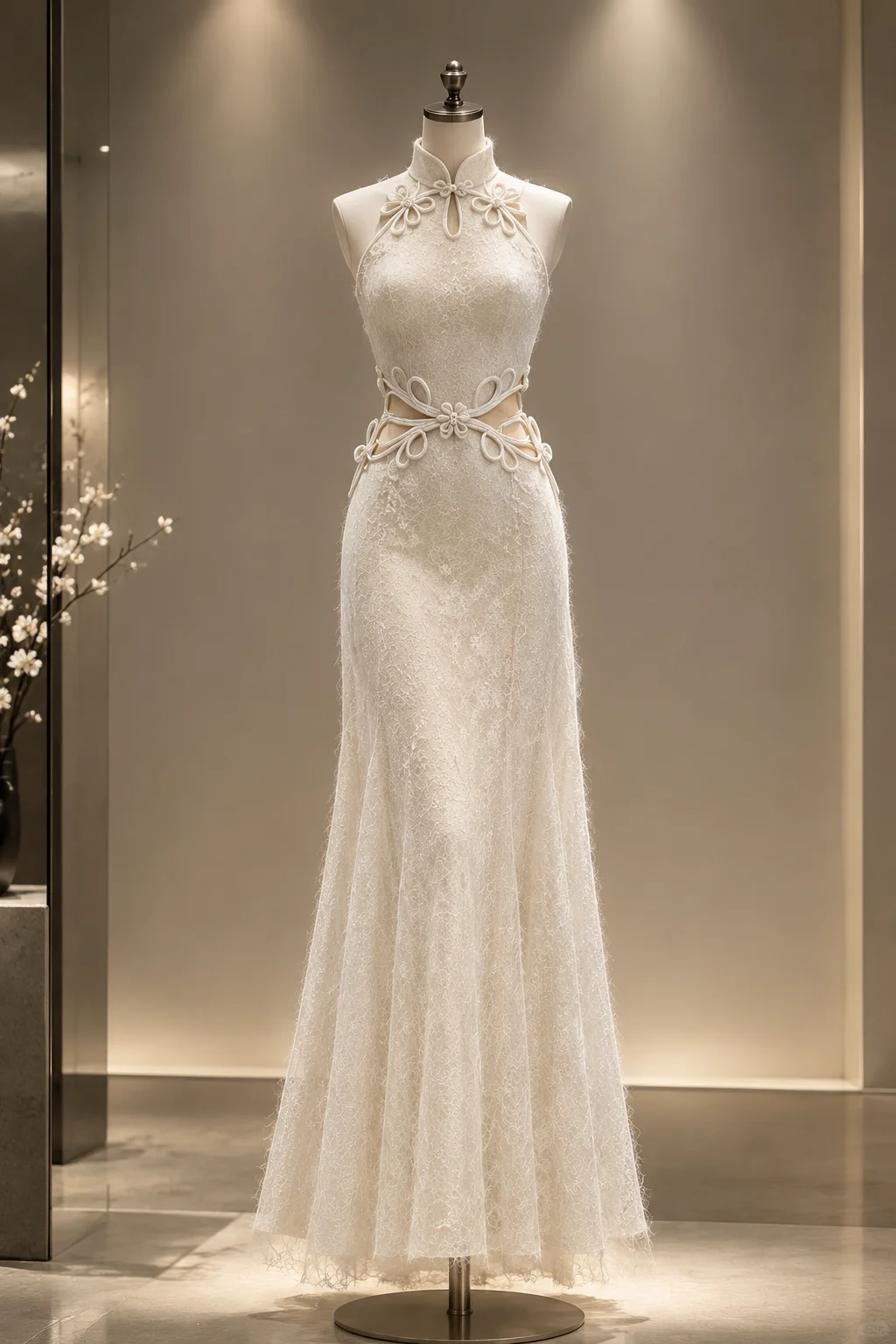 ✨Girlhomeshops-Ivory Halter Cutout Waist Lace Qipao Mermaid Evening Gown gh10379