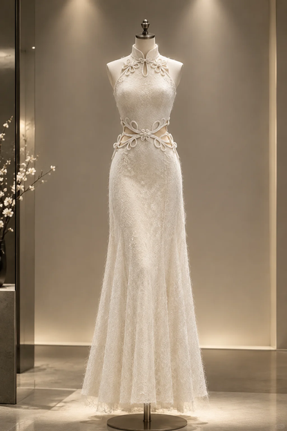 ✨Girlhomeshops-Ivory Halter Cutout Waist Lace Qipao Mermaid Evening Gown gh10379