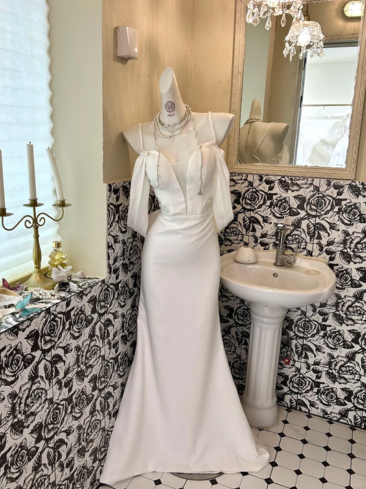 White Satin Spaghetti Strap Waist-Cinched Fitted Mermaid Sexy Vintage Romantic Dress, Wedding Gown gh7576