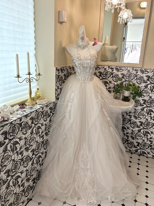 Ivory Strapless Waist-Cinched Full Flared Skirt Elegant Romantic Dress, Wedding Gown gh7650