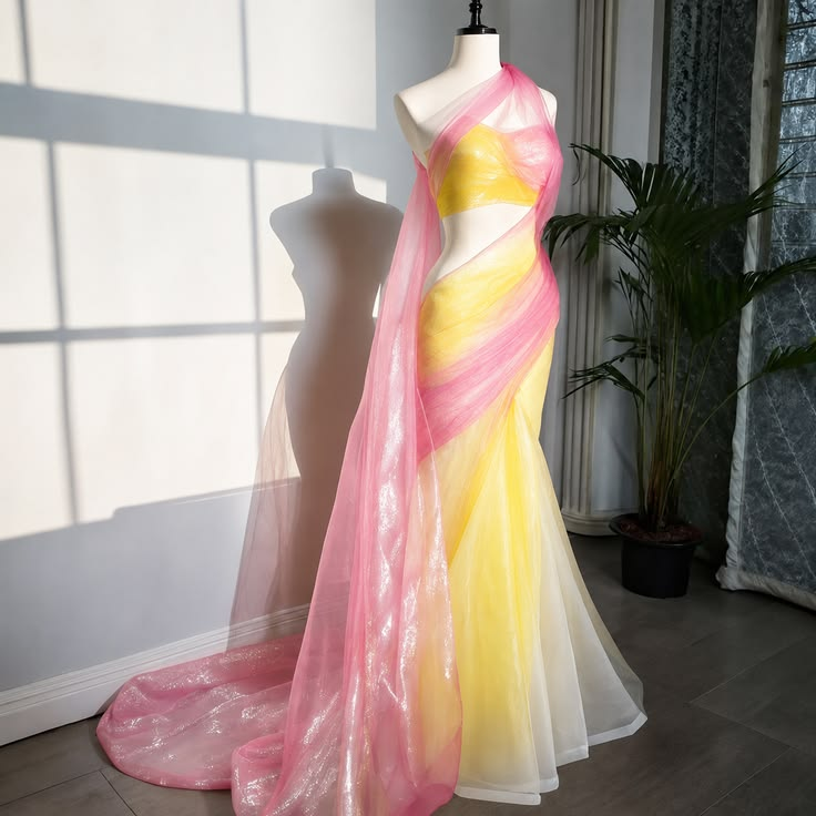 ✨Girlhomeshops-Pink Yellow Ombre Wrap Halter Mermaid Prom Dress gh10168