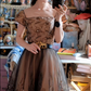 Elegant Nude Base Black Lace Square Neck Fitted Waist Flared Skirt Prom & Evening Party Dress gh8502