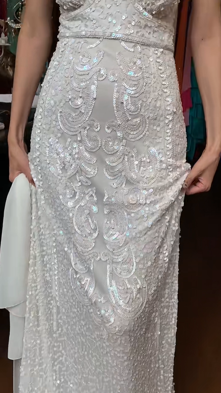 White Beaded Sequin Mermaid Prom Dress Spaghetti Straps V Neck Long Formal Evening Gown gh9836